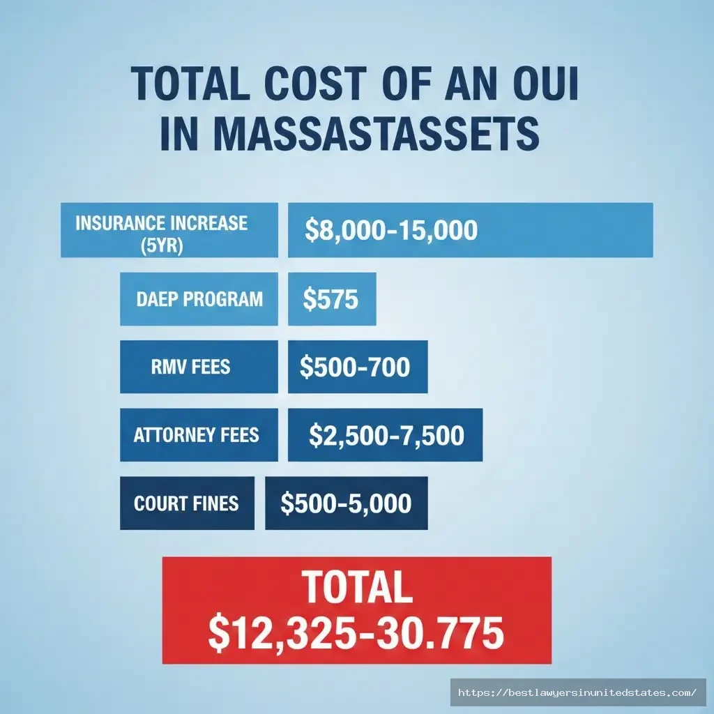 Massachusetts first offense OUI total cost breakdown showing $12,325 to $30,775 including fines attorney fees and insurance