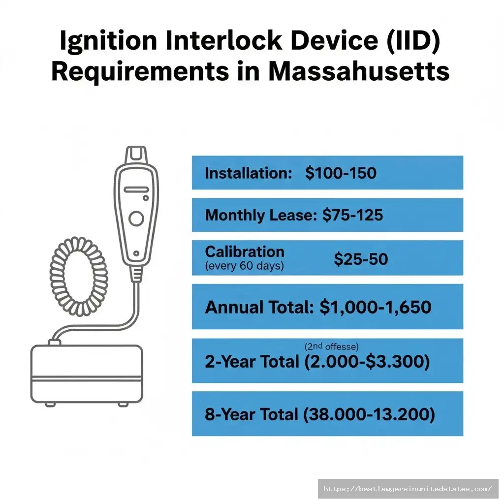 Massachusetts ignition interlock device cost breakdown showing installation monthly fees and total expenses by offense level