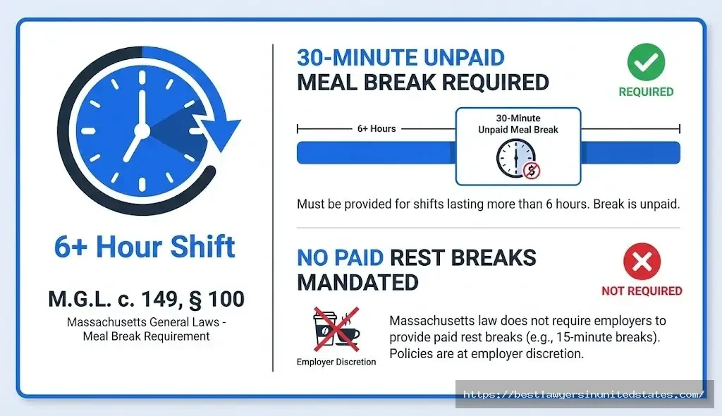 Massachusetts meal break law 30-minute unpaid break required for shifts over 6 hours, timing requirements