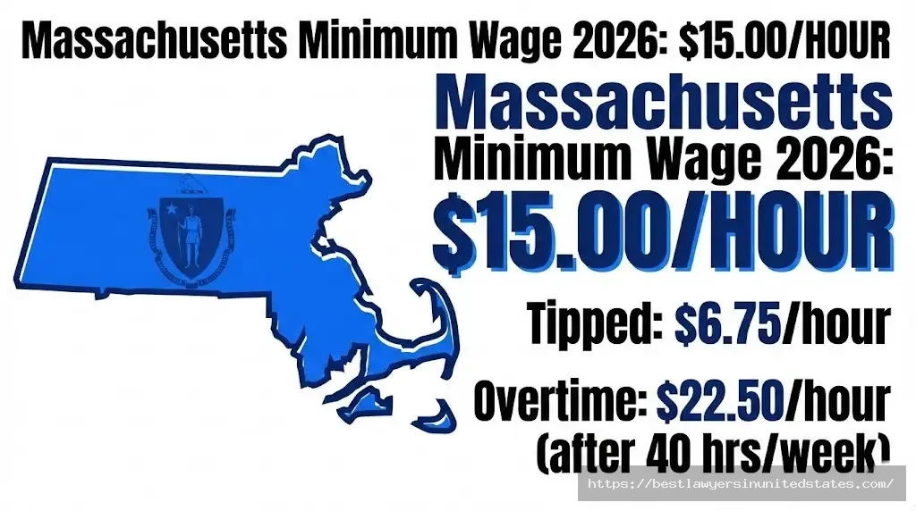 Massachusetts minimum wage 2026 rates $15 per hour standard, $6.75 tipped wage, $22.50 overtime rate