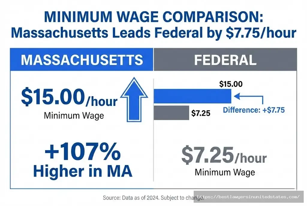 Massachusetts minimum wage comparison $15.00 per hour vs federal $7.25, showing $7.75 difference