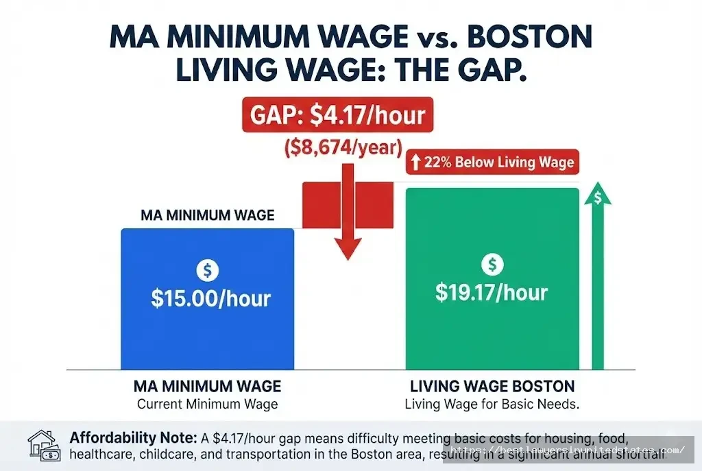 Massachusetts minimum wage gap $15 per hour vs $19.17 living wage in Boston, showing $4.17 shortfall