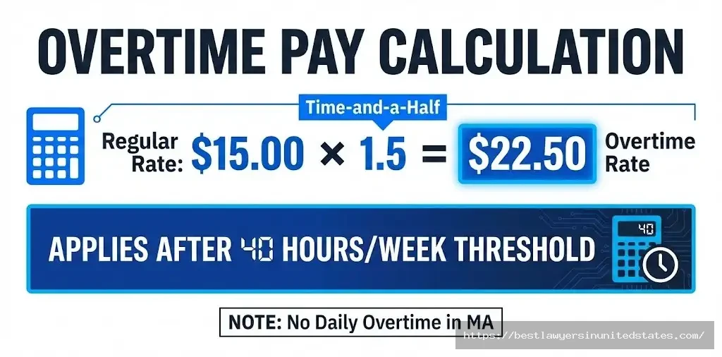 Massachusetts overtime calculation $15 minimum wage times 1.5 equals $22.50 overtime rate after 40 hours weekl