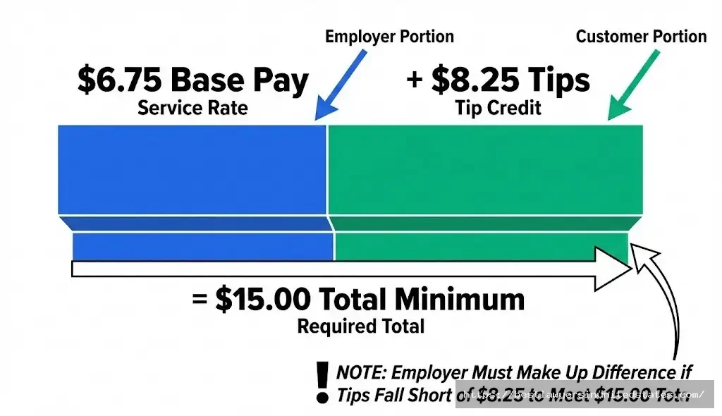 Massachusetts tipped wage structure $6.75 base plus tips totaling $15 per hour minimum, showing tip credit system