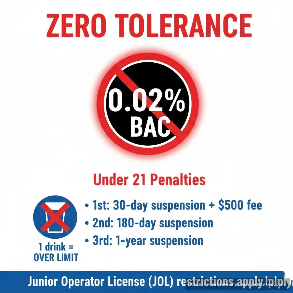 Massachusetts zero tolerance law for drivers under 21 showing 0.02% BAC limit and 30 day first offense suspension