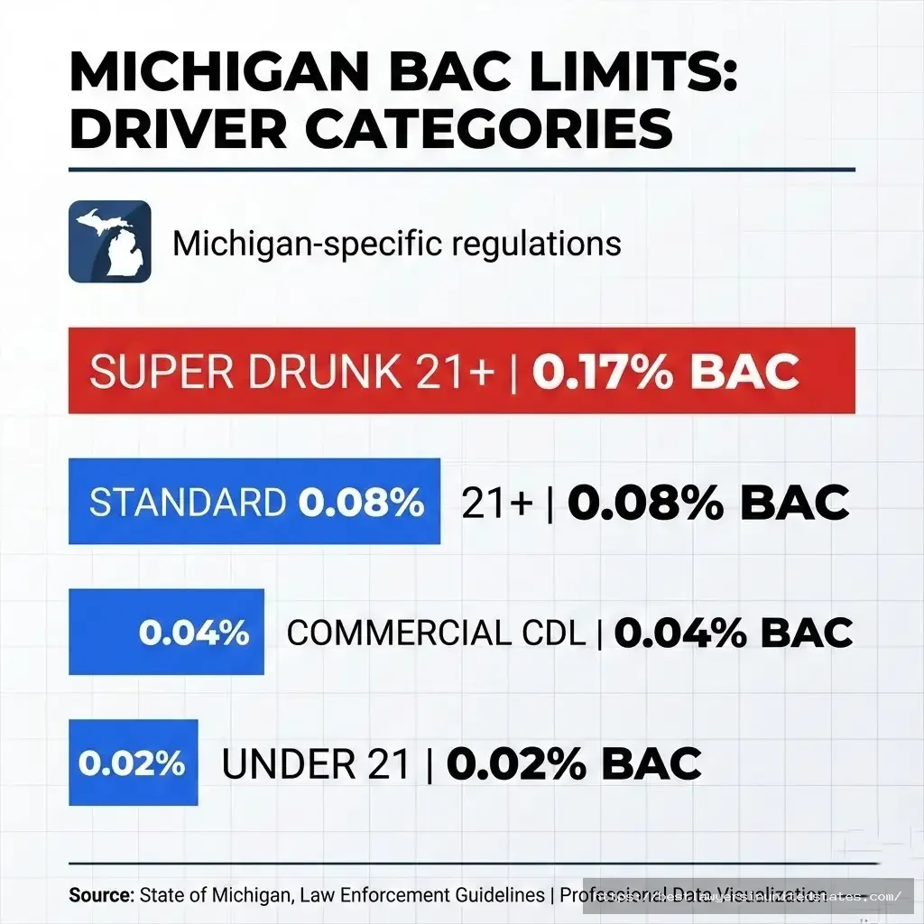 Michigan BAC limits chart - 0.08% standard, 0.17% Super Drunk, 0.02% under 21, 0.04% CDL drivers
