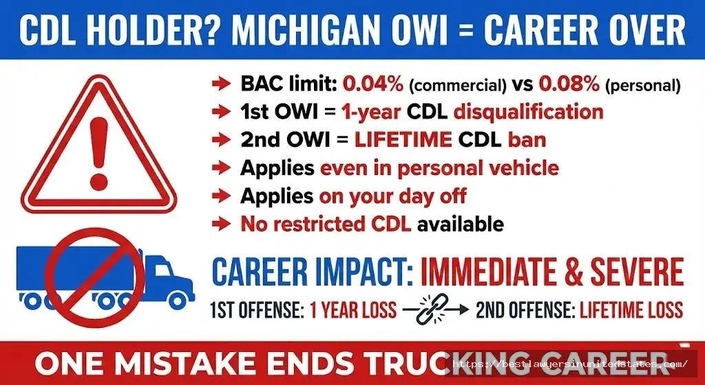 Michigan CDL OWI consequences - 1-year disqualification first offense, lifetime ban second offense