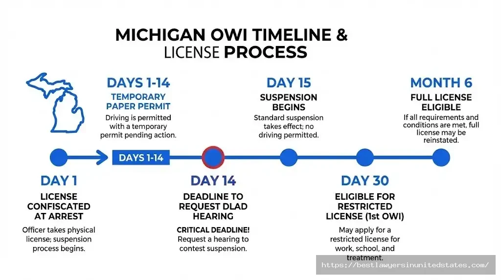 Michigan OWI license suspension timeline - day-by-day from arrest to restoration eligibility