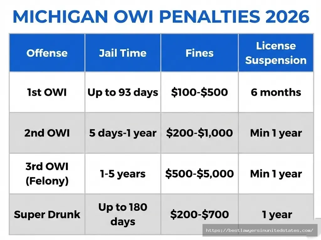 Michigan OWI penalties table - 1st, 2nd, 3rd offense and Super Drunk fines, jail time, license suspension