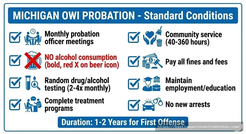 Michigan OWI probation requirements checklist - no alcohol, testing, meetings, treatment programs