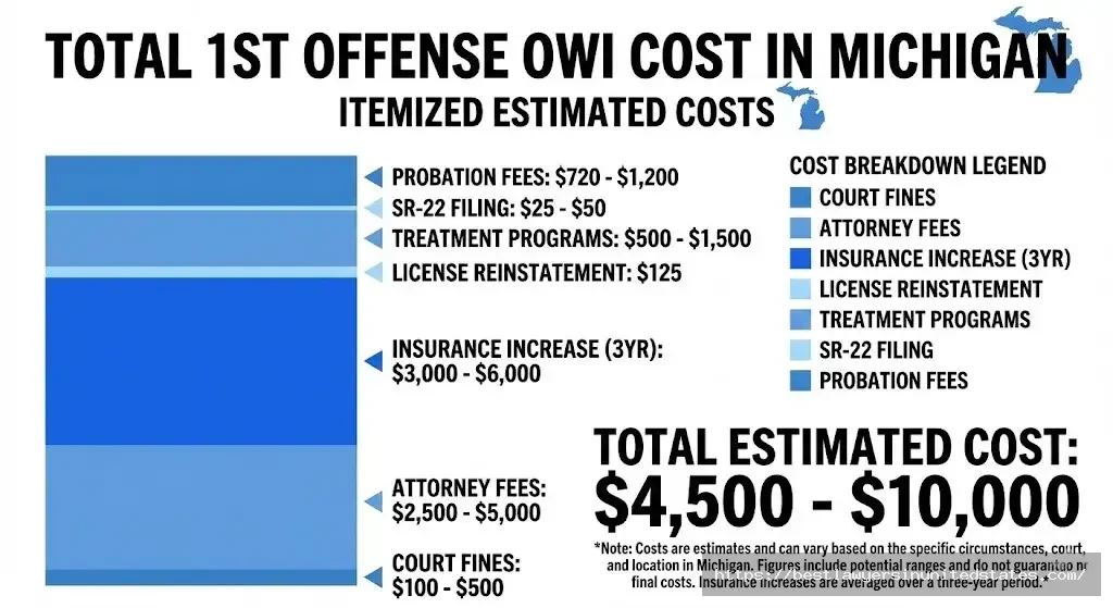 Michigan OWI total cost breakdown - $4,500-$10,000 first offense including fines, attorney, insurance