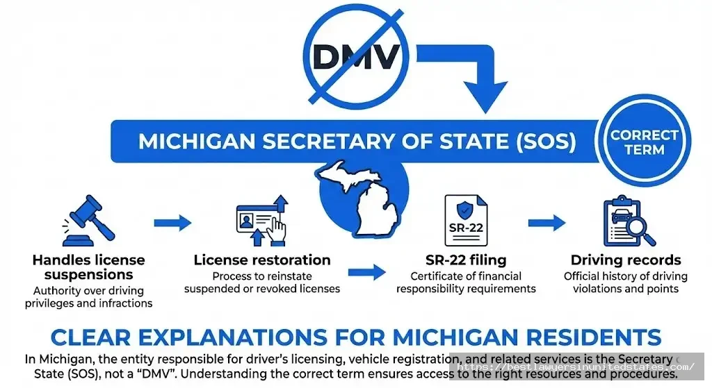 Michigan Secretary of State handles DUI licenses not DMV - correct terminology for Michigan drivers