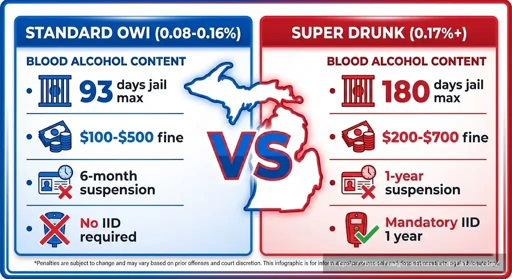 Michigan Super Drunk law penalties vs standard OWI - 0.17% BAC enhanced penalties comparison