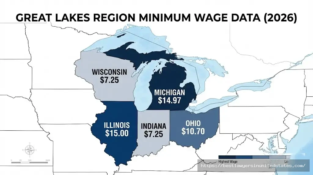 Michigan minimum wage $14.97 compared to neighboring states Illinois Ohio Indiana Wisconsin
