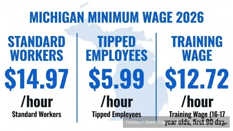 Michigan minimum wage 2026 rates $14.97 standard, $5.99 tipped, $12.72 training wage