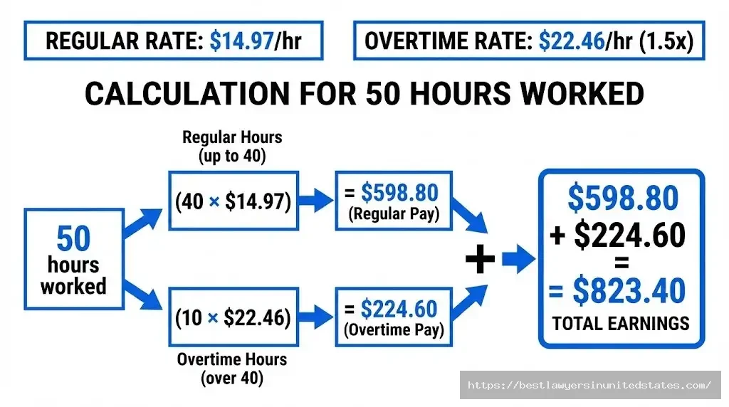 Michigan overtime pay calculation example showing time-and-a-half rate of $22.46 for hours over 40