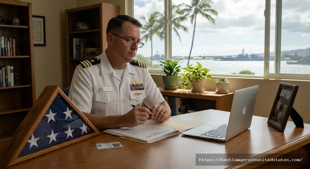 Military service member in Hawaii reviewing divorce paperwork and SCRA protections documentation