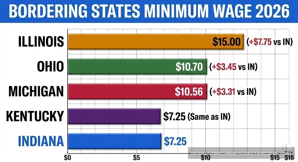 Minimum wage comparison chart showing Indiana at $7.25 versus neighboring states Illinois $15, Ohio $10.70, Michigan $10.56