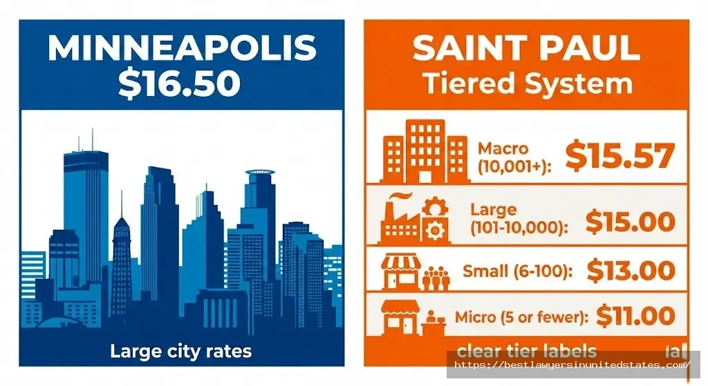Minneapolis minimum wage $16.50 vs Saint Paul four-tier system ranging from $11 to $15.57 in 2026