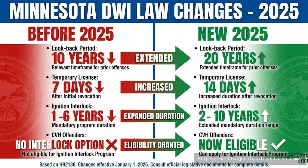 Minnesota 2025 DWI law changes 20-year lookback period, 14-day temporary license, extended ignition interlock requirements
