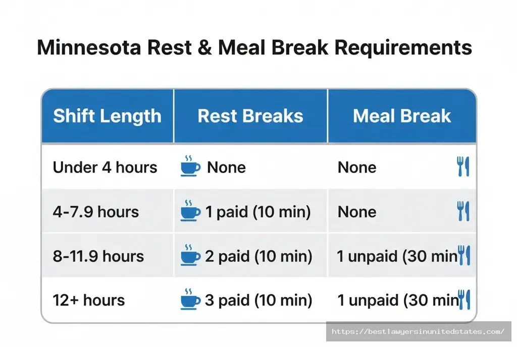 Minnesota 2026 meal and rest break requirements by shift length showing mandatory breaks