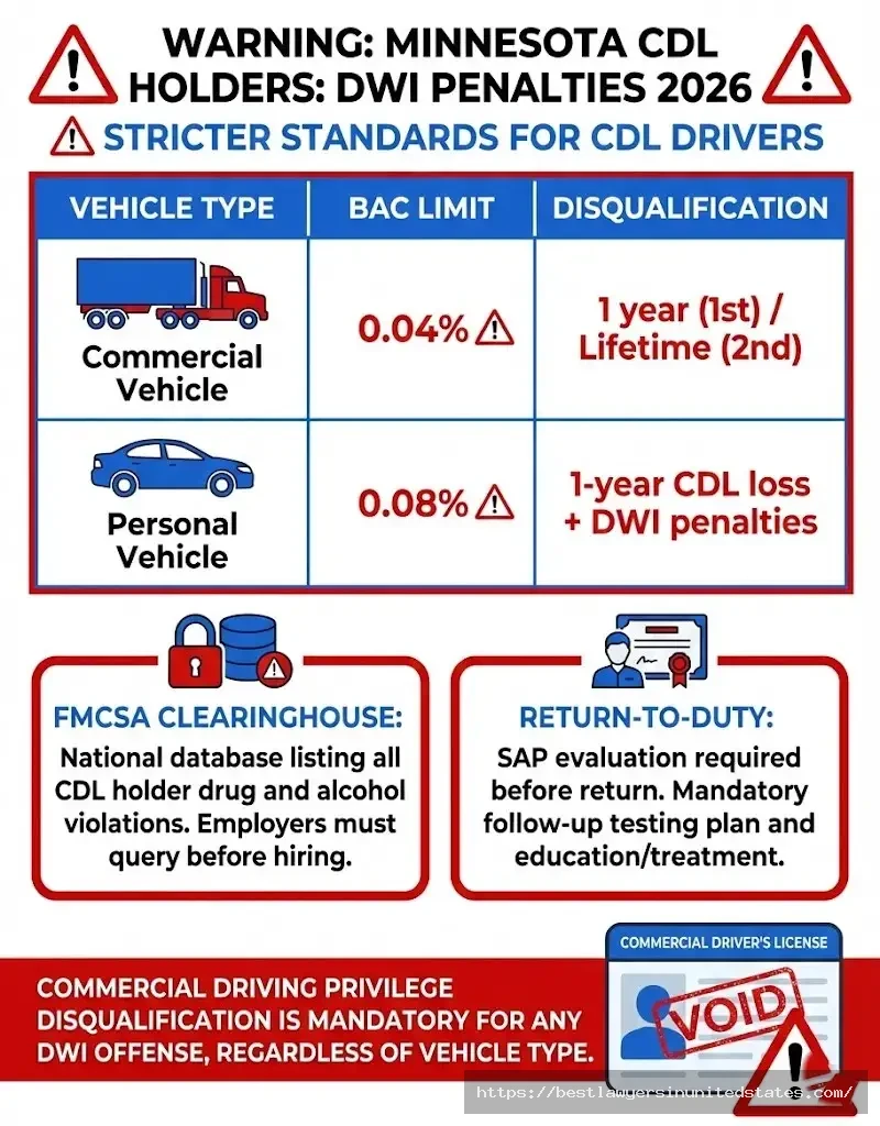 Minnesota CDL DWI penalties 0.04% BAC limit for commercial vehicles, 1-year disqualification, FMCSA clearinghouse reporting