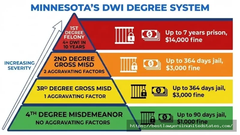 Minnesota DUI four-degree classification system showing penalties from 4th degree misdemeanor to 1st degree felony