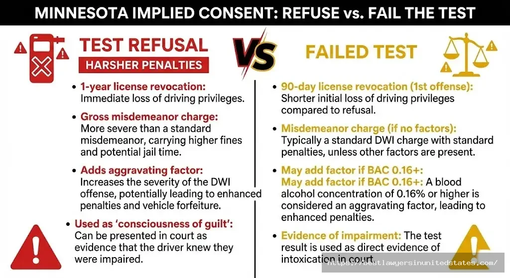 Minnesota DUI test refusal penalties vs failed test 1-year revocation for refusal, 90 days for failure on first offense