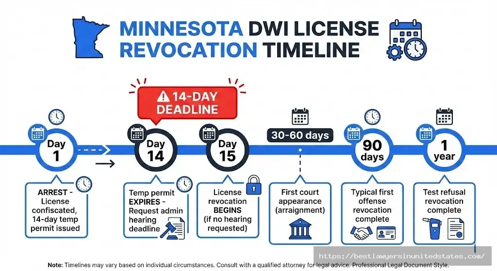 Minnesota DWI arrest timeline 14-day temporary permit, administrative hearing deadline, license revocation periods