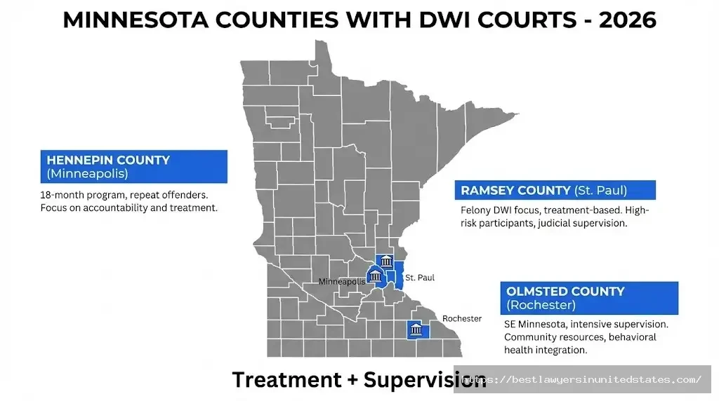 Minnesota DWI courts map Hennepin County, Ramsey County, Olmsted County specialized treatment programs for repeat offenders