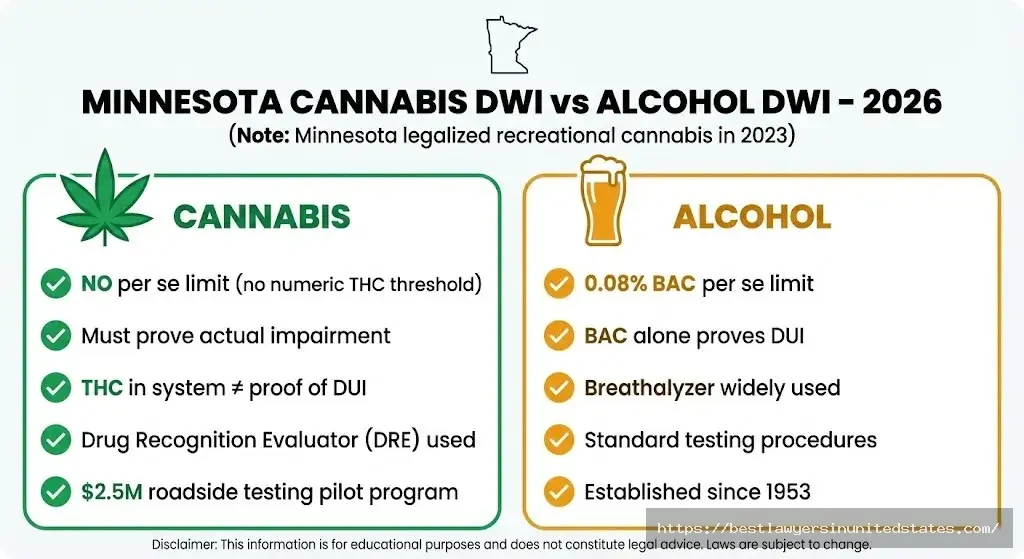 Minnesota cannabis DWI vs alcohol DWI comparison no per se THC limit, DRE evaluation required, different from 0.08% BAC standard