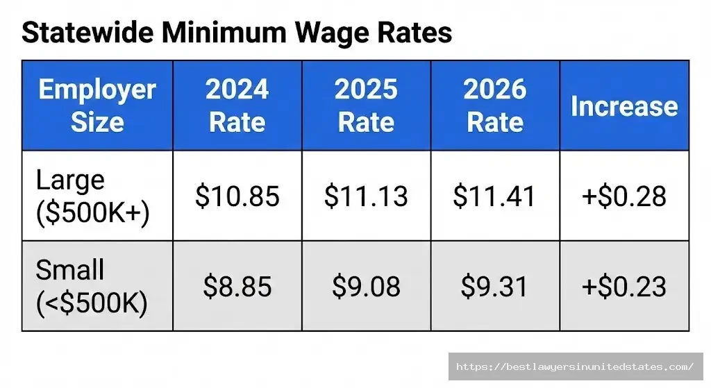 Minnesota minimum wage history 2024-2026 showing annual increases for large and small employers