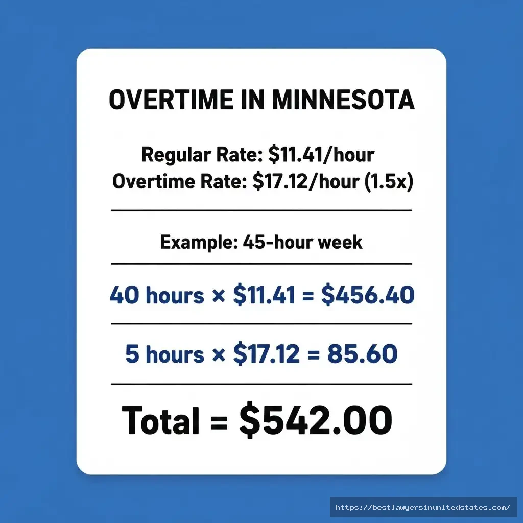 Minnesota overtime calculation example showing 45-hour week earning $542 at $11.41 minimum wage