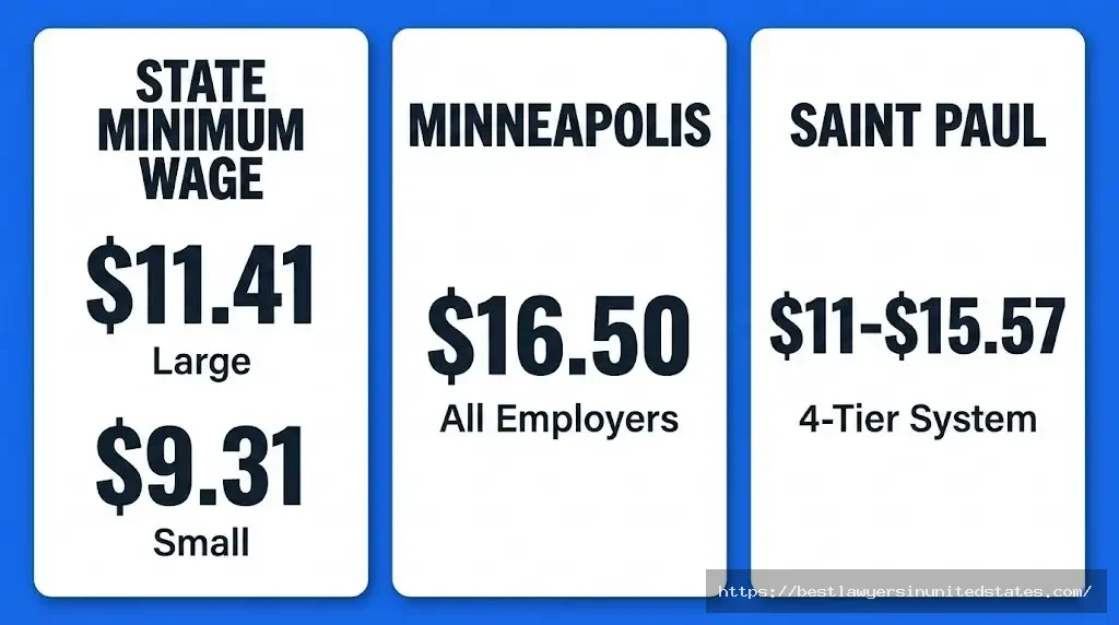 Minnesota three-tier minimum wage system 2026 state, Minneapolis, and Saint Paul rates comparison
