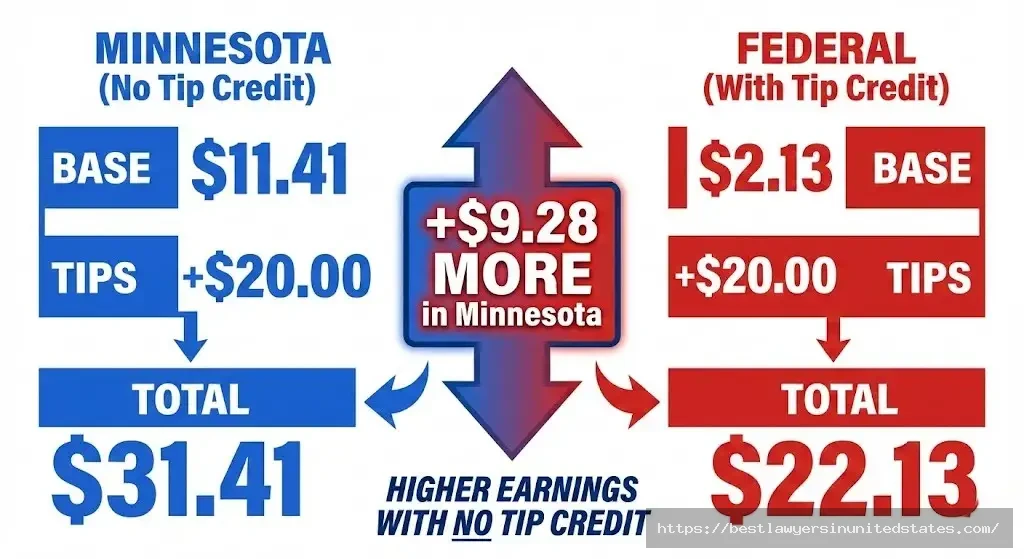 Minnesota tipped workers earn $11.41 base wage plus tips vs federal $2.13 tipped minimum wage