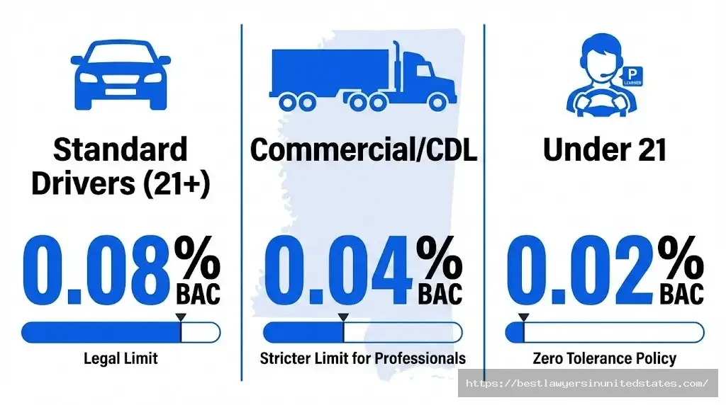 Mississippi BAC limits 0.08% standard, 0.04% CDL, 0.02% under 21 zero tolerance law