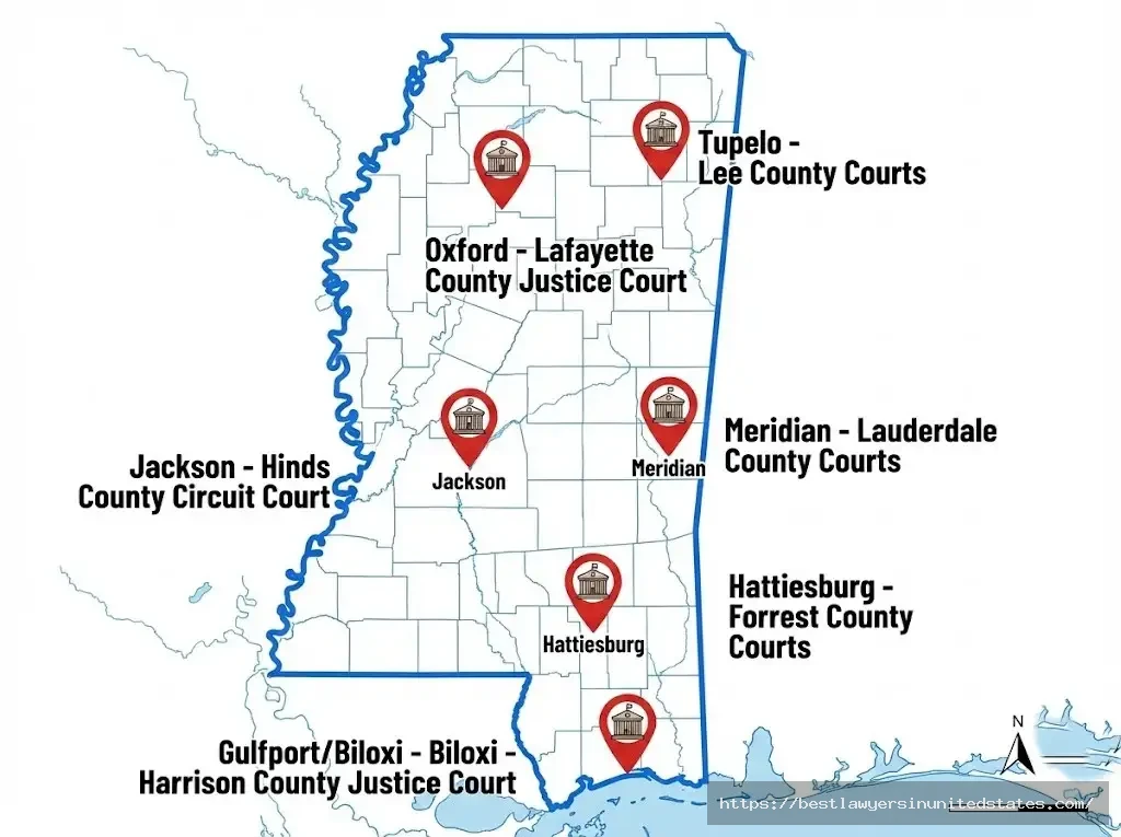 Mississippi DUI courts map Jackson Hinds County, Oxford Lafayette County, Gulfport Harrison County