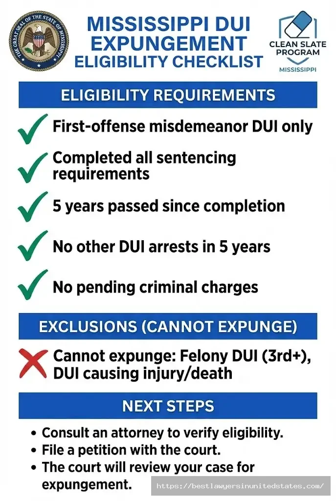 Mississippi DUI expungement checklist first offense only, 5 years waiting period, Clean Slate program