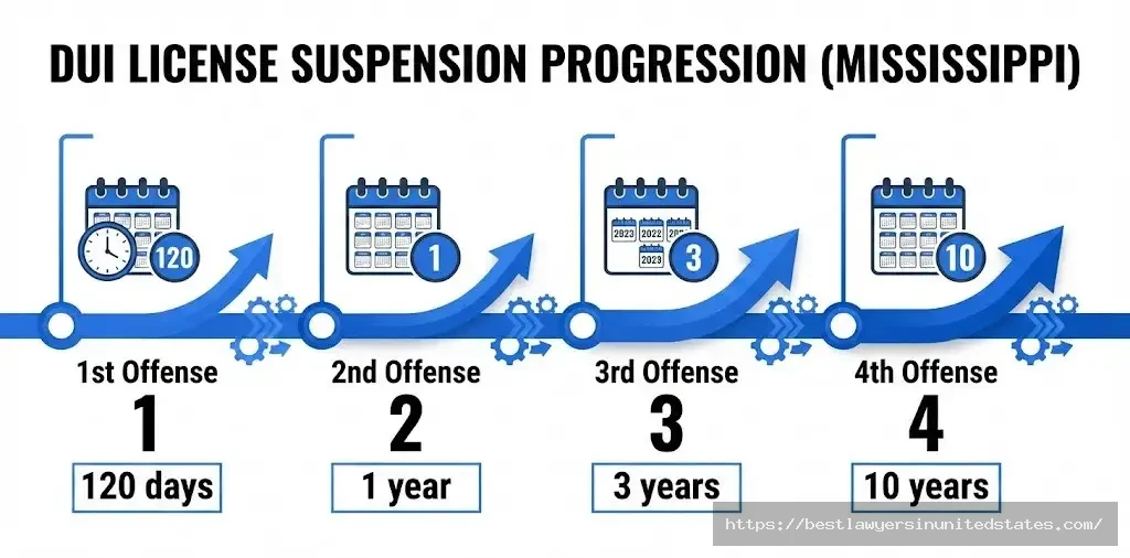 Mississippi DUI license suspension timeline 120 days first, 1 year second, 3 years third, 10 years fourth