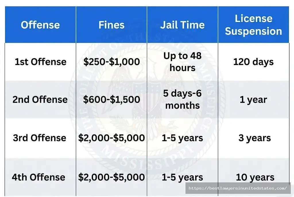 Mississippi DUI penalties table 1st offense $250-$1,000, 2nd $600-$1,500, 3rd felony $2,000-$5,000