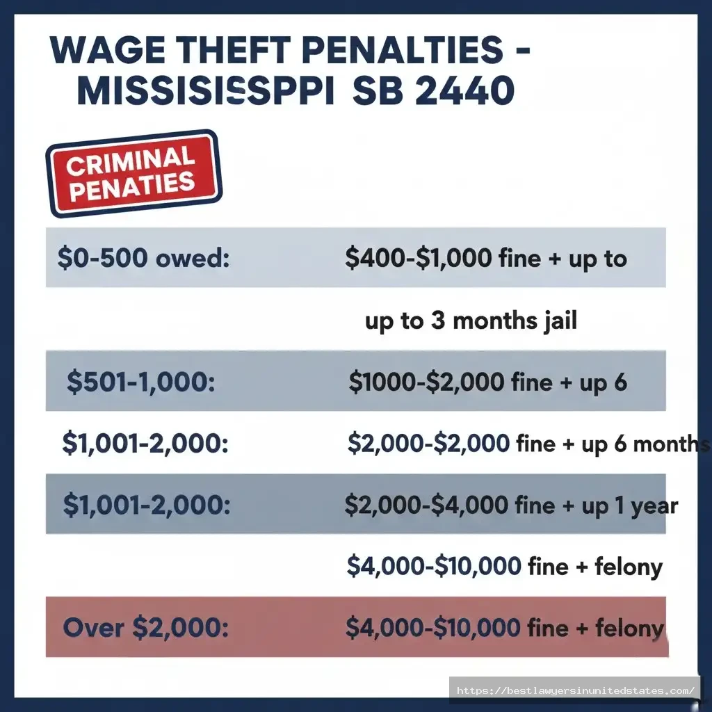 Mississippi Senate Bill 2440 wage theft criminal penalties ranging from $400 to $10,000 fines plus jail time