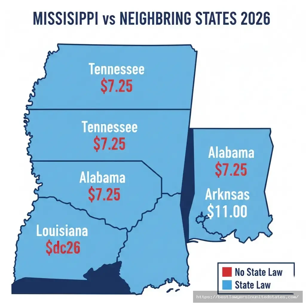 Mississippi and neighboring states minimum wage comparison map showing Arkansas at $11 others at $7.25