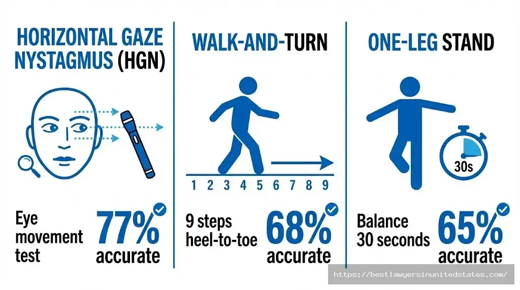 Mississippi field sobriety tests HGN 77%, walk-turn 68%, one-leg stand 65% accuracy rates