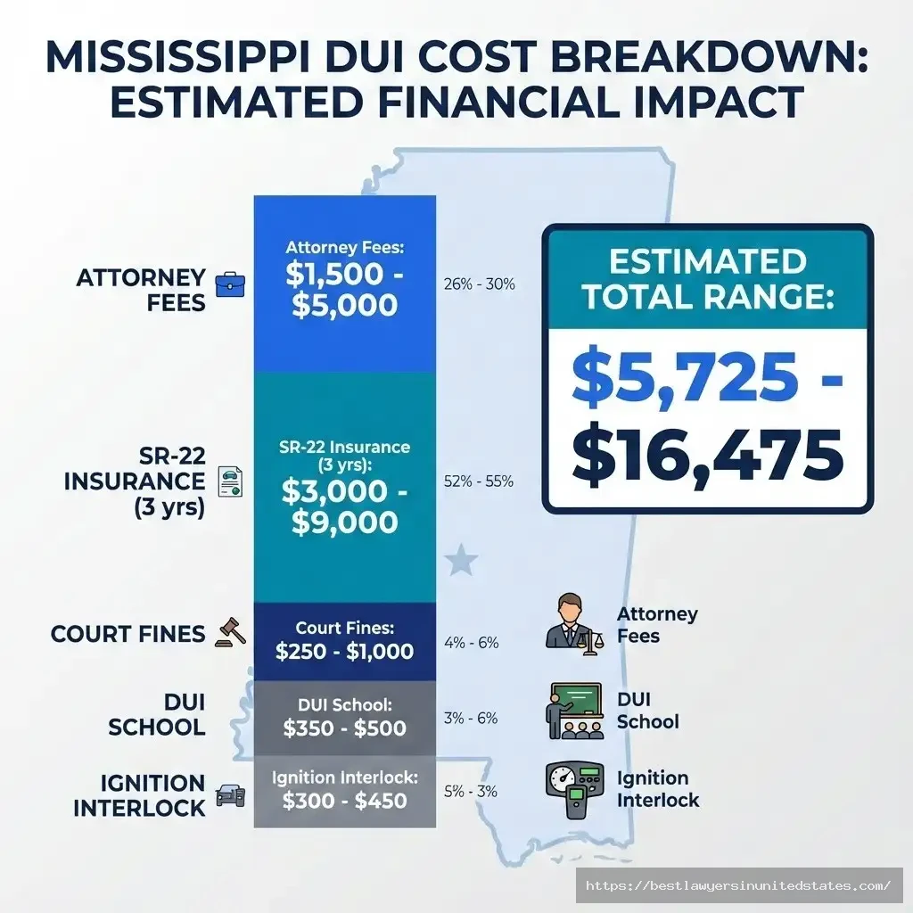 Mississippi first offense DUI costs total $5,725-$16,475 including fines, attorney, IID, insurance