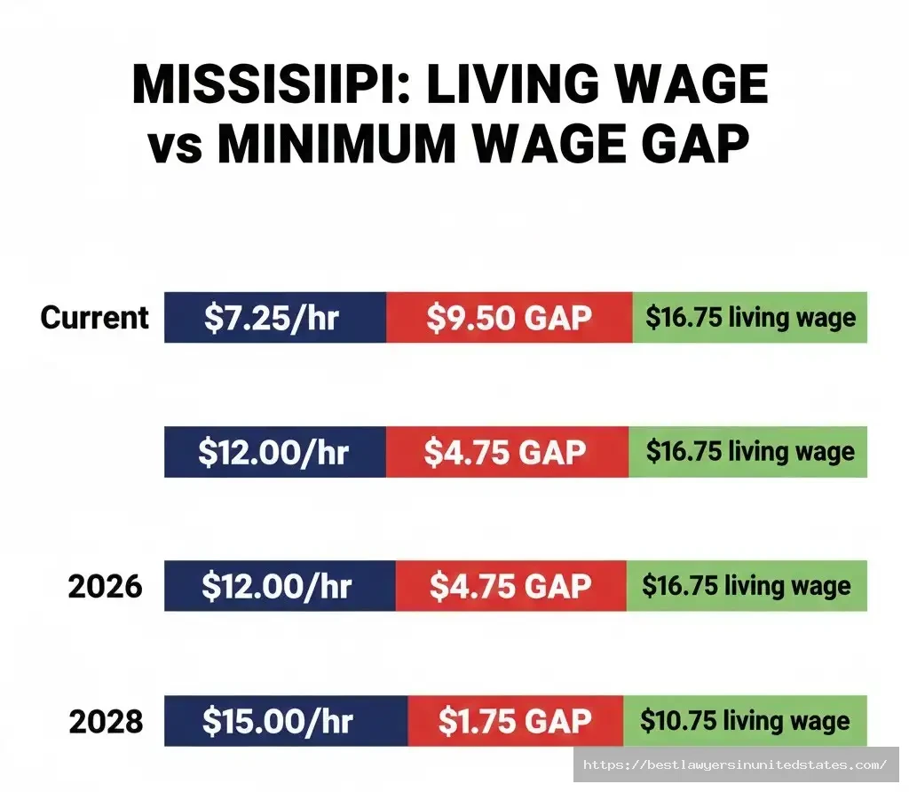 Mississippi living wage gap comparison showing minimum wage shortfall from $9.50 to $1.75 per hour