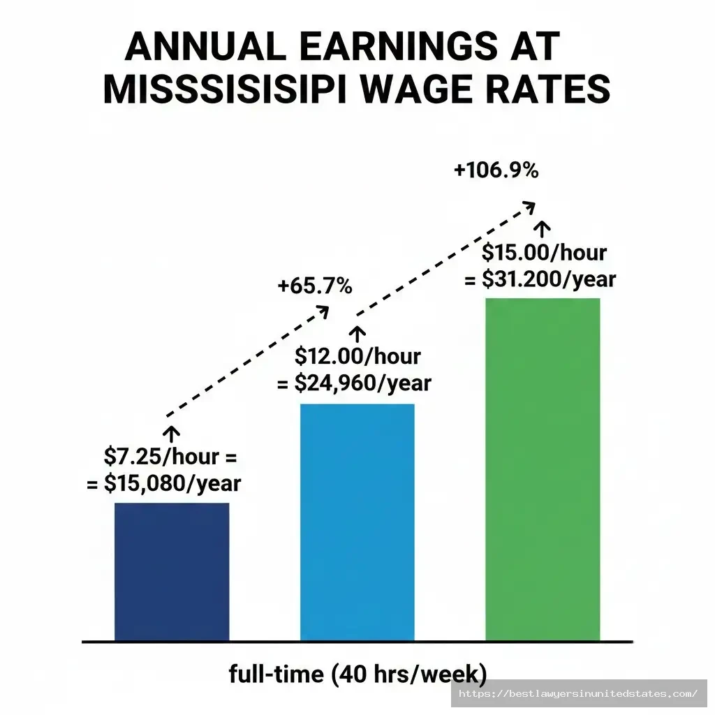 Mississippi minimum wage annual earnings comparison $15,080 at $7.25 versus $24,960 at $12 and $31,200 at $15