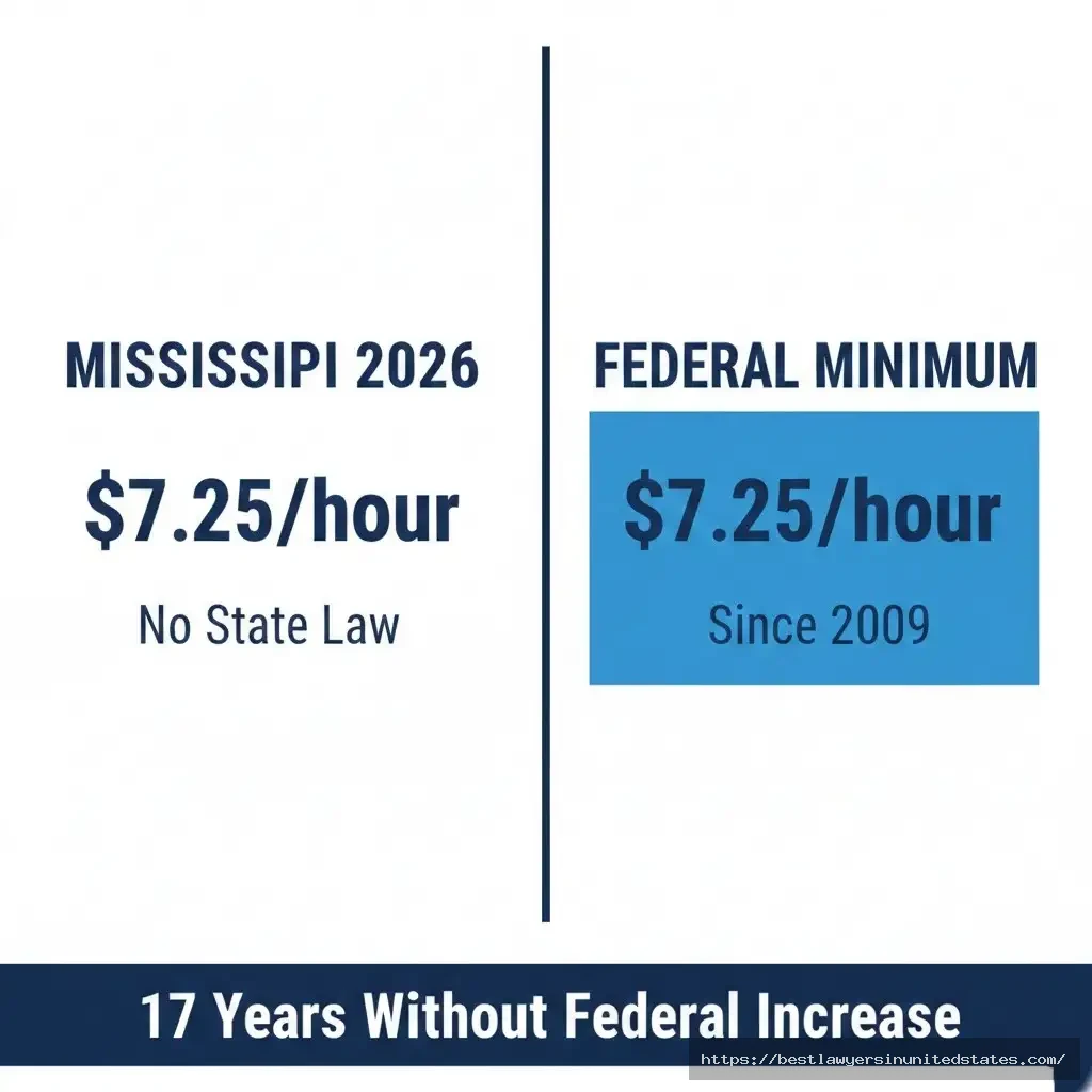 Mississippi minimum wage vs federal minimum wage comparison showing both at $7.25 per hour in 2026