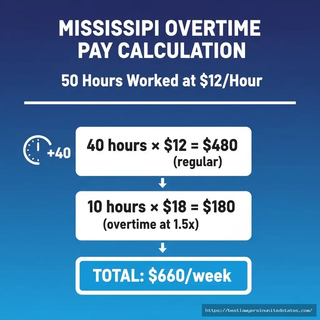 Mississippi overtime pay calculation example showing $660 weekly pay for 50 hours at $12 per hour