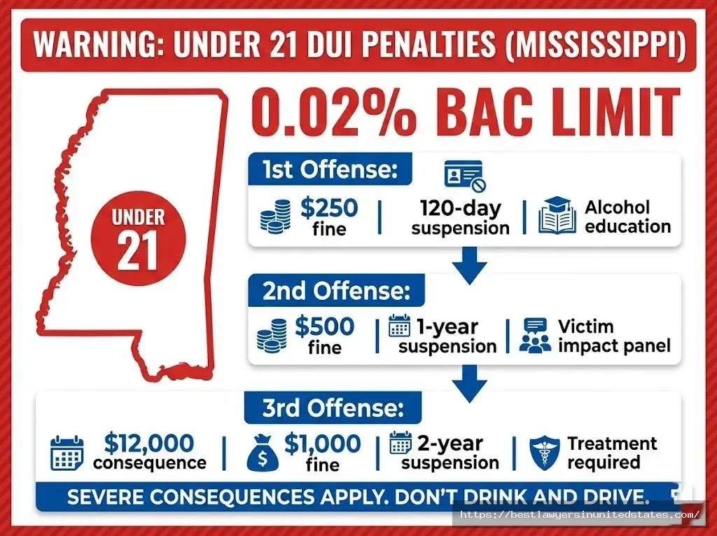 Mississippi zero tolerance DUI under 21 0.02% BAC limit, penalties from $250 to $1,000 fines