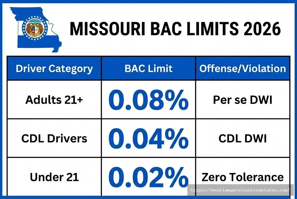 Missouri BAC limits 2026 0.08% adults, 0.04% CDL, 0.02% under 21 - zero tolerance DWI law